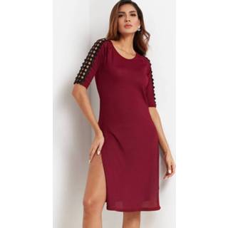 👉 Shirt polyester One Size vrouwen burgundy Half Sleeves Lace Slit Sexy Midi Dresses