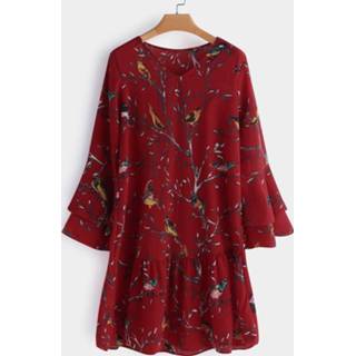 👉 Shirt rood polyester One Size vrouwen Red Random Floral Print Long Sleeves Dress