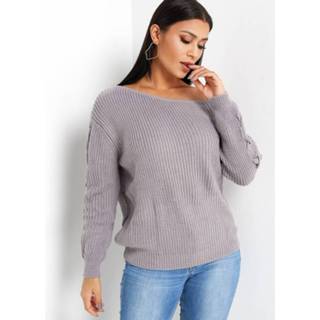 👉 Shirt grijs other One Size vrouwen Grey Lace-up Design Shoulder Long Sleeves Knitted Sweater