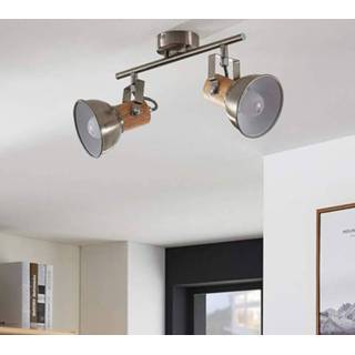 👉 Plafondlamp gesatineerd nikkel houten metaal warmwit a+ LED Dennis, 2 lampen