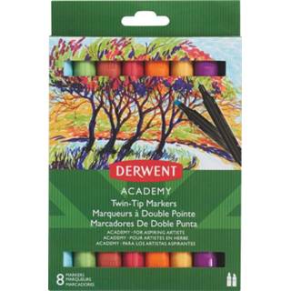 👉 Viltstift Derwent twin tip viltstiften Academy, normale/beitelpunt, blister van 8 stuks in geassorteerde kleuren 18421982089