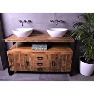 👉 Waskom zwart keramiek hout staand woodz mannen MD Interior 135cm mangohout badkamermeubel met 2 waskommen 7439656084028