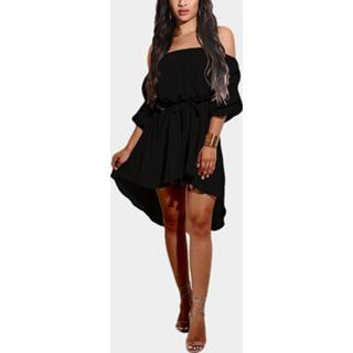 👉 Dress zwart polyester One Size vrouwen Off-The-Shoulder Curved Hem Midi in Black