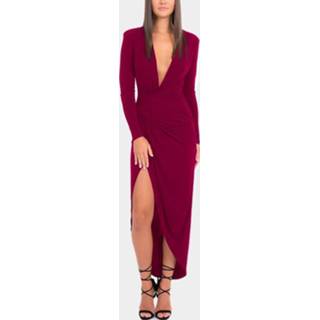 👉 Dress polyester One Size vrouwen burgundy Deep V-Neck Slit Hem Maxi Party Dresses