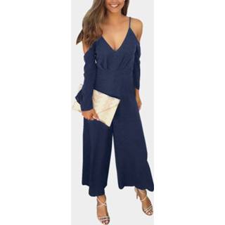 👉 Shirt polyester spandex vrouwen One Size s|m|l|xl marine Navy Deep V-neck Cold Shoulder Flared Sleeves High Waist Jumpsuit