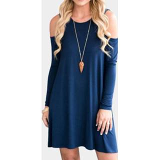 👉 Shirt polyester vrouwen s|m|l|xl blauw One Size Dark Blue Side Pockets Cold Shoulder Long Sleeves Dresses