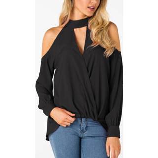 Shirt polyester xs|s|m|l|xl|xxl vrouwen zwart One Size Black Crossed Front Design Cold Shoulder V-neck Lantern Sleeves Top