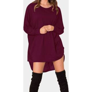 👉 Shirt polyester vrouwen burgundy s|m|l|xl One Size Round Neck Long Sleeves Irregular T-shirt