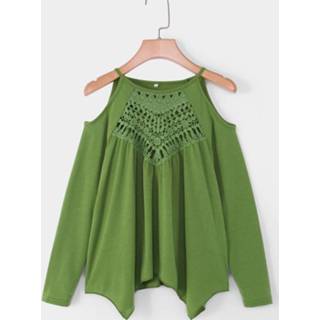 👉 Shirt cotton s|m|l|xl vrouwen donkergroen Grünes Hohles Design Kalte Schulter Long Sleeves T-Shirt