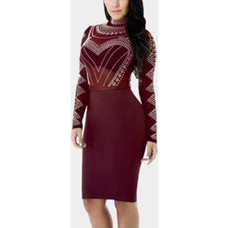 👉 Shirt polyester s|m|l|xl burgundy One Size vrouwen Zip Design High Neck Long Sleeves Dress