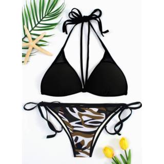 👉 Bikini polyester vrouwen zwart One Size s|m|l|xl Black Lace-up Tie Back & Leopard Bottom Set