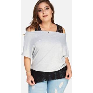 Shirt cotton vrouwen xl|xxl|3xl|4xl|5xl grijs One Size Plus Grey Lace Insert Cold Shoulder Bat Sleeves T-shirt
