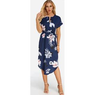 👉 Short sleeve polyester xs|s|m|l|xl|xxl One Size marine vrouwen Navy Self-tie Random Floral Print V-neck Sleeves Dress