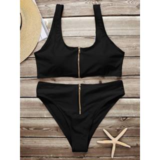 👉 Bikini polyester One Size zwart S|M|L vrouwen Black Sexy Scoop Neck Zipper Front High-waisted Set