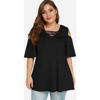 👉 Shirt cotton xl|xxl|3xl|4xl vrouwen One Size zwart Plus Black Hollow Criss-cross T-Shirt