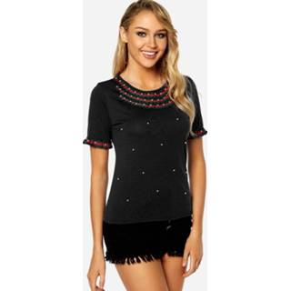 👉 Shirt polyester vrouwen One Size s|m|l|xl|xxl zwart Black Crew Neck Pearl Embellished T-shirt