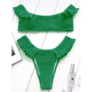 👉 Bikini nylon donkergroen S|M|L One Size vrouwen Green Off Shoulder Ruffle Design Smocked