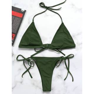 👉 Bikini polyester vrouwen One Size S|M|L donkergroen Green Tie-up Front High-waisted Strings Set