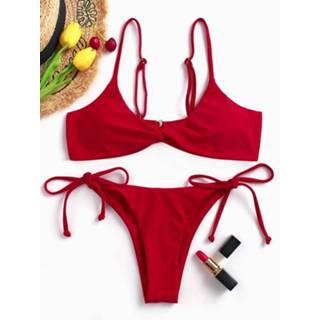 👉 Bikini rood polyester S|M|L vrouwen Red Basic Twist Front High Waisted Strings Set