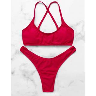 👉 Bikini rood polyester s|m|l|xl vrouwen Red Simple Scoop Neck Criss Cross Set