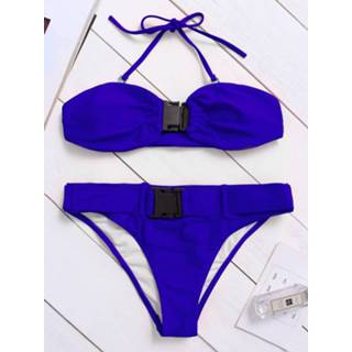 👉 Bikini polyester royal vrouwen One Size S|M|L blauw Blue Basic Padded Buckle High Waist Bandeau Set