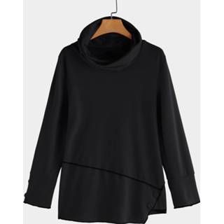 👉 Shirt cotton vrouwen One Size s|m|l|xl zwart Black Chimney Collar Irregular Hem Long Sleeves Sweaters