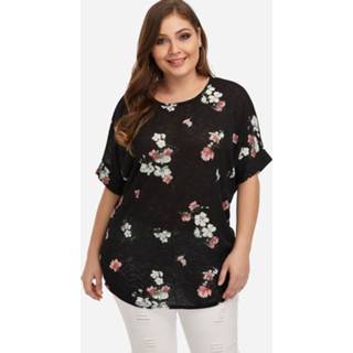 👉 Shirt cotton vrouwen zwart Xl|xxl|3XL One Size Plus Black Fall Flower Bat Sleeve T-Shirt