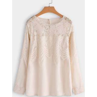 👉 Shirt polyester vrouwen One Size apricot Light Lace Insert Crew Neck Long Sleeves Blouse 1545717600000