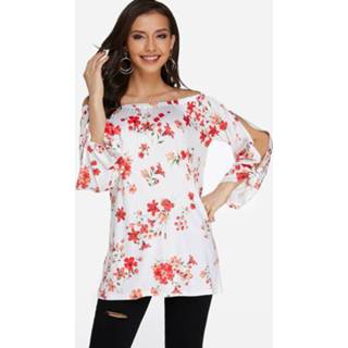 👉 Blous polyester wit vrouwen One Size s|m|l|xl White Floral Print Cut Out Fashion Blouse