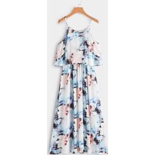 👉 Dress wit polyester s|m|l|xl vrouwen White Backless Random Floral Print Elastic Shoulder Strap Tiered Design