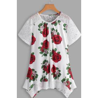 👉 Print T-shirt wit chiffon xxl|3xl|4xl|5xl vrouwen Plus Size White Lace Details Floral
