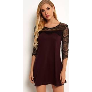 👉 Shirt cotton One Size burgundy vrouwen See Through Lace Insert Round Neck 3/4 Length Sleeves Dress 1545717600000