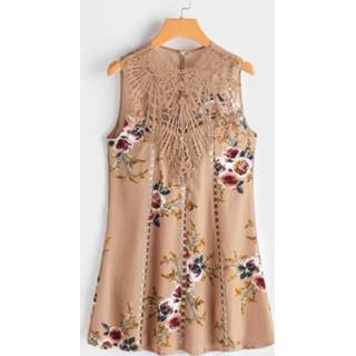 👉 Sleeveless kaki chiffon s|m|l|xl vrouwen Khaki Lace Details Random Floral Print Perkins Collar Dress