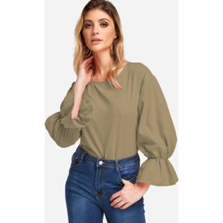 👉 Shirt polyester s|m|l|xl One Size donkergroen vrouwen meisjes Army Green Flared Long Sleeves Fashion Girls Blouse