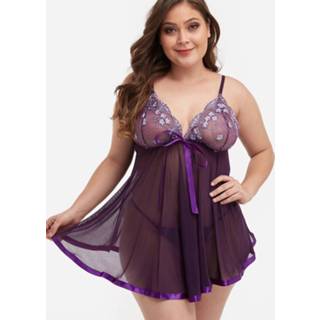 👉 Babydoll purper cotton xxl|3xl|4xl|5xl|6xl vrouwen baby's Plus Size Purple Embroidered Mesh With Thong
