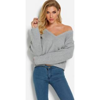 👉 Shirt polyester One Size vrouwen s|m|l|xl grijs Light Grey Deep V Neck Shoulder Long Sleeves Sweater