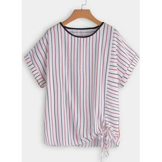 👉 Shirt cotton vrouwen xl|xxl|3xl|4xl One Size Plus Stripe Pattern Self-Tie Detail T-Shirt