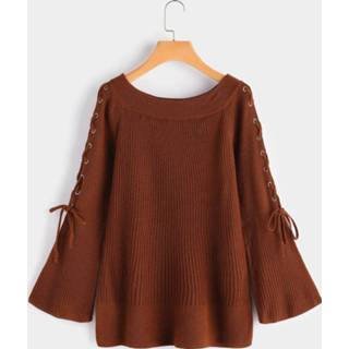 👉 Shirt vrouwen s|m|l|xl One Size other Caramel Lace-up Design Off The Shoulder Bell Sleeves Sweater