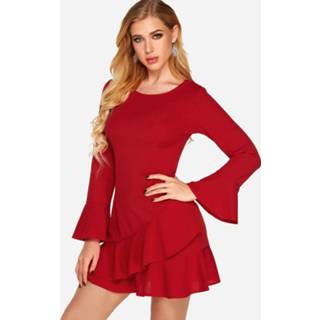 👉 Shirt polyester s|m|l|xl One Size vrouwen rood Red Round Neck Bell Sleeves Flounced Hem Dress