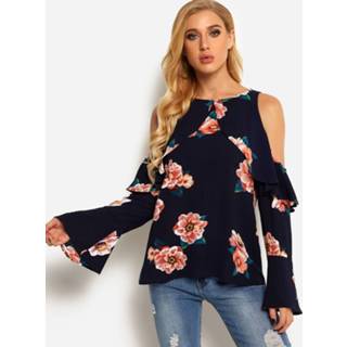 👉 Shirt polyester xs|s|m|l|xl|xxl vrouwen marine One Size Navy Cut Out Random Floral Print Cold Shoulder Long Bell Sleeves Blouses