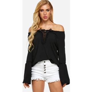👉 Shirt zwart polyester s|m|l|xl|xxl vrouwen Black Lace Details Off Shoulder Self-tie Design Bell Long Sleeves Blouse