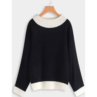 👉 Shirt polyester zwart f One Size vrouwen wit Black & White Round Neck Long Sleeves Casual Jumper