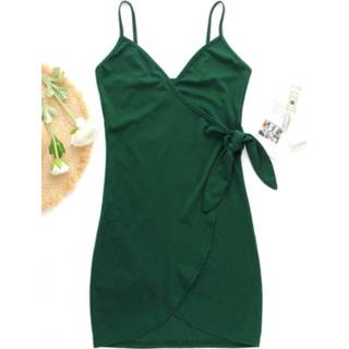 Sleeveless donkergroen polyester s|m|l|xl vrouwen Green Wrap Design Plain V-neck Mini Spaghetti Dress