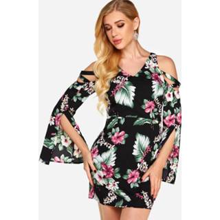 👉 Shirt polyester vrouwen xs|s|m|l|xl zwart One Size Black Slit Design Random Floral Print Cold Shoulder Long Sleeves Dress