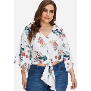 👉 Shirt wit polyester Xl|xxl|3XL vrouwen Plus Size White Floral Print Self-tie Bell Sleeves Blouse