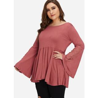 👉 Shirt cotton polyester vrouwen Xl|xxl|3XL rood One Size Plus Brick Red Pleated Design Lace Insert Bell Sleeves Blouse