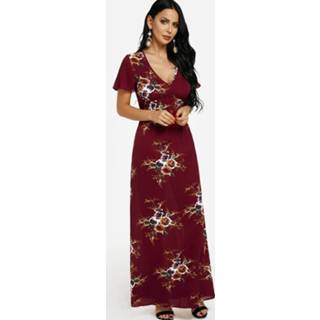👉 Maxi dres polyester One Size vrouwen burgundy V-neck Cinched Waist Floral Dress