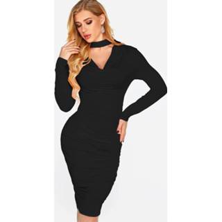 👉 Shirt zwart polyester s|m|l|xl vrouwen Black Pleated Design Plain V-neck Long Sleeves Midi Dress