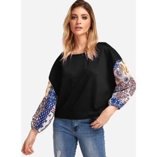 👉 Shirt polyester spandex zwart s|m|l|xl vrouwen One Size Black Stitching Design Random Floral Print Round Neck Long Sleeves Blouses