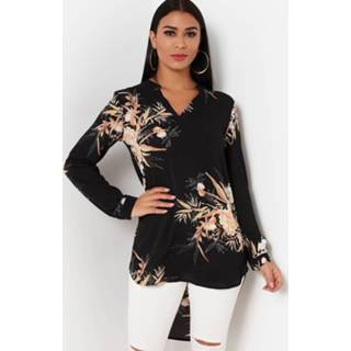 👉 Blous zwart polyester One Size vrouwen Black Slit Design Random Floral Print Blouse